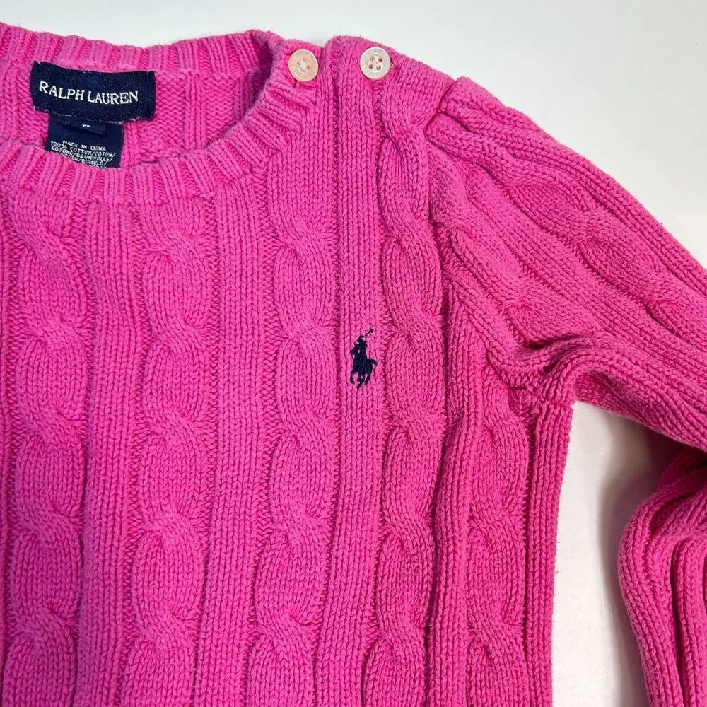 Ralph Lauren Little Girls Hot Pink Cotton Cable Knit LS Crewneck Sweater Size 5